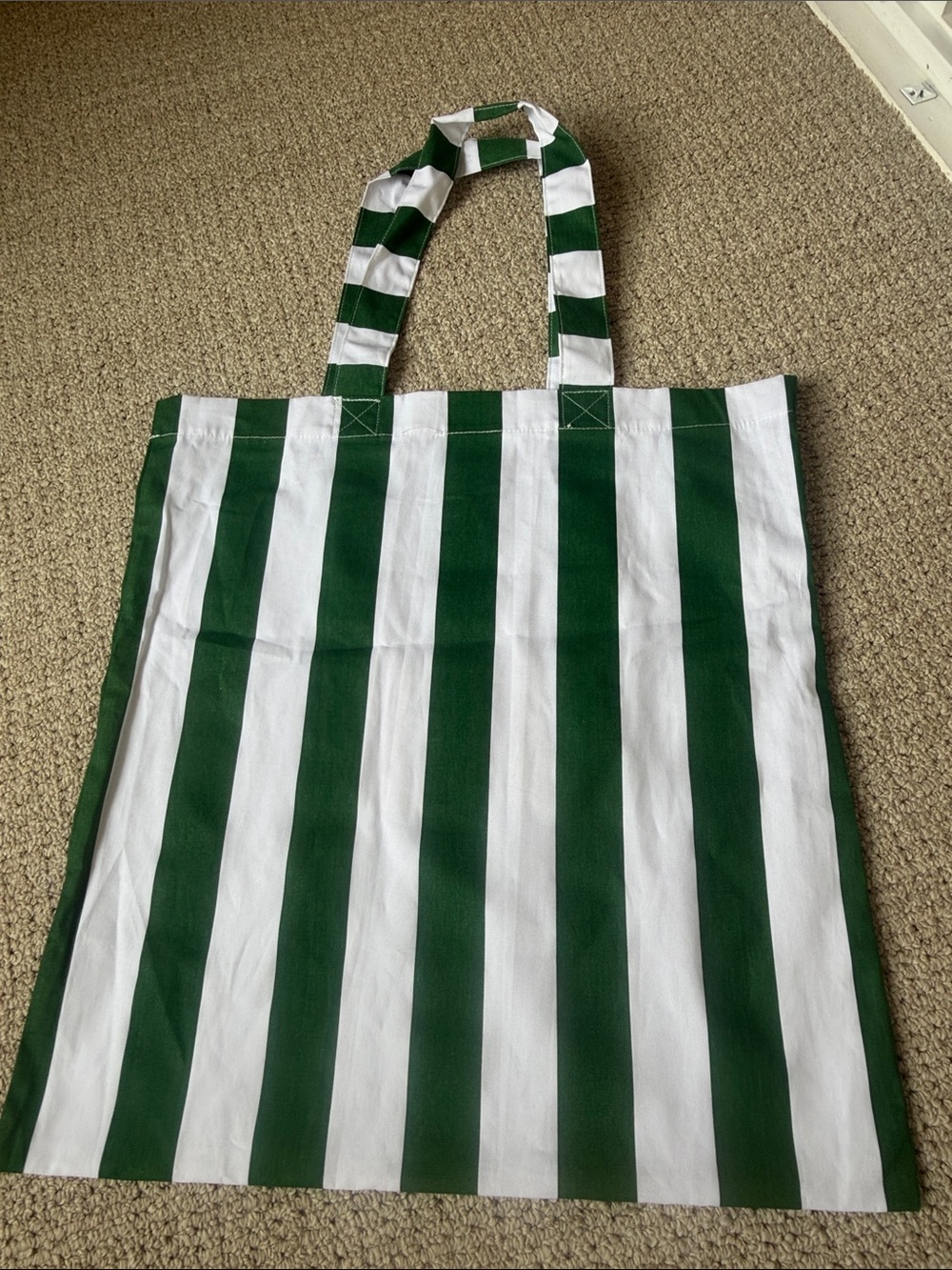 La Veste Green and White Striped Tote Bag with Gold Stitching - Picture 3 of 4